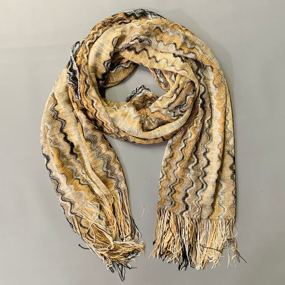 MISSONI Beige Multi Color Zig Zag Viscose Knit Fringe Scarf Shawl - Picture 1 of 8